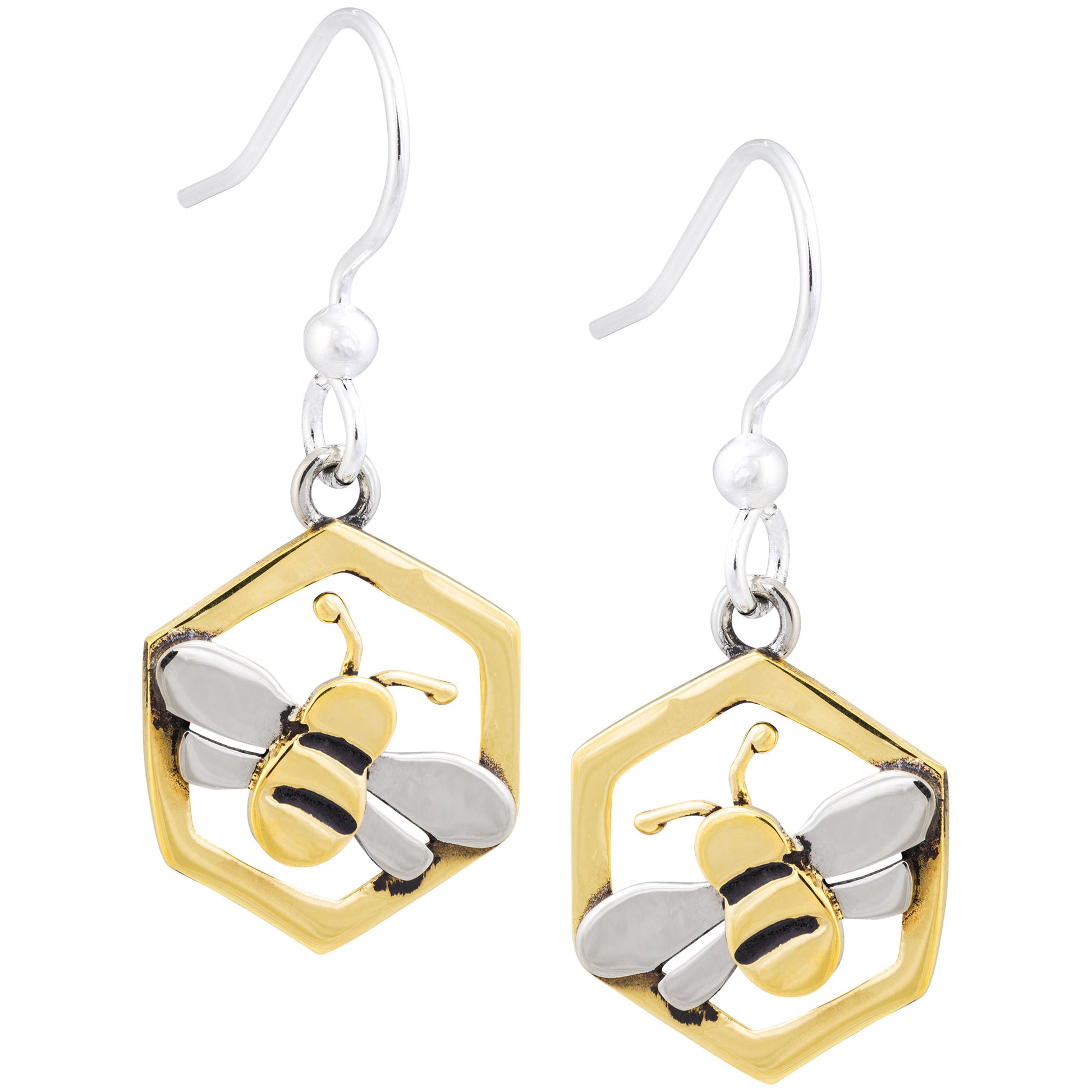Bee and honeycomb earrings in brass and silver on a white background.