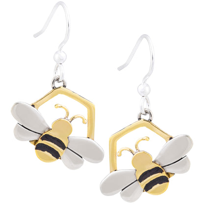 Bee-shaped earrings with brass and silver hexagonal frames on a white background.