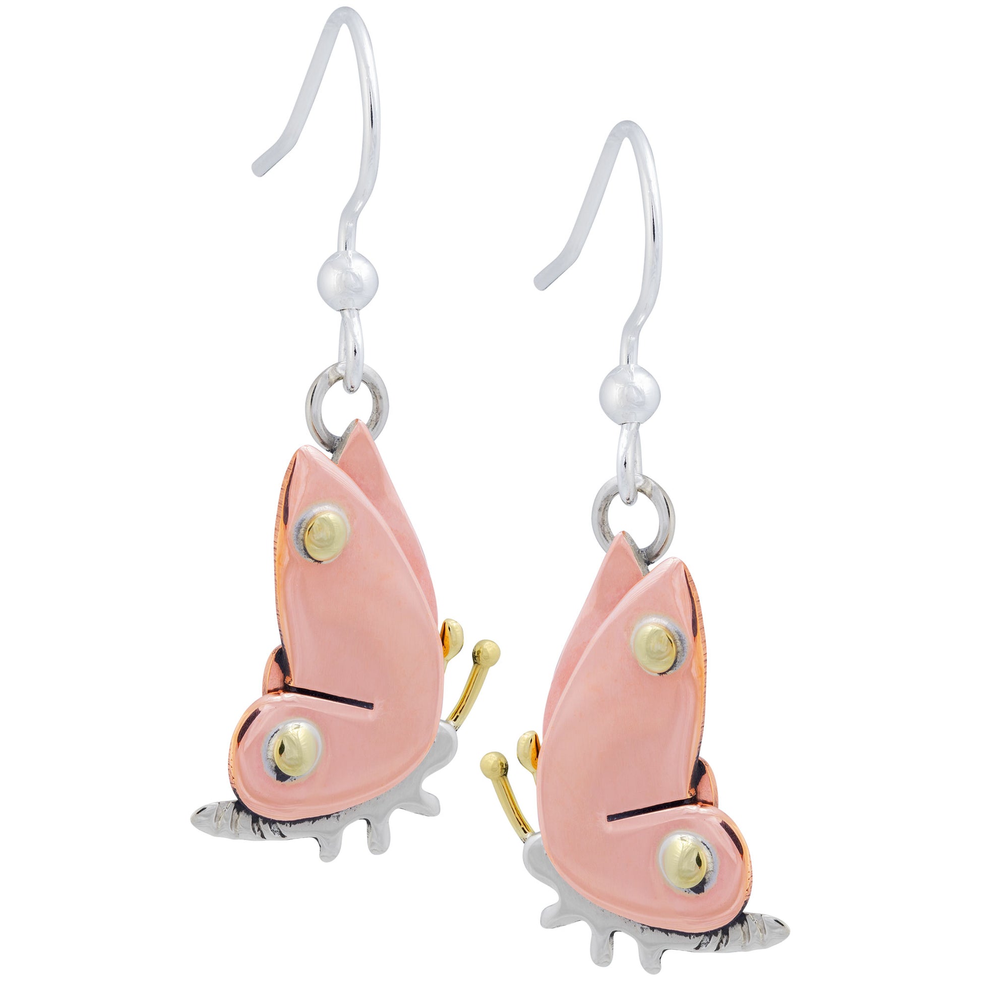 Butterfly-shaped earrings with copper, brass, and silver details on a white background.