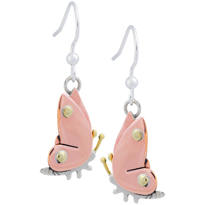 Butterfly-shaped earrings with copper, brass, and silver details on a white background.