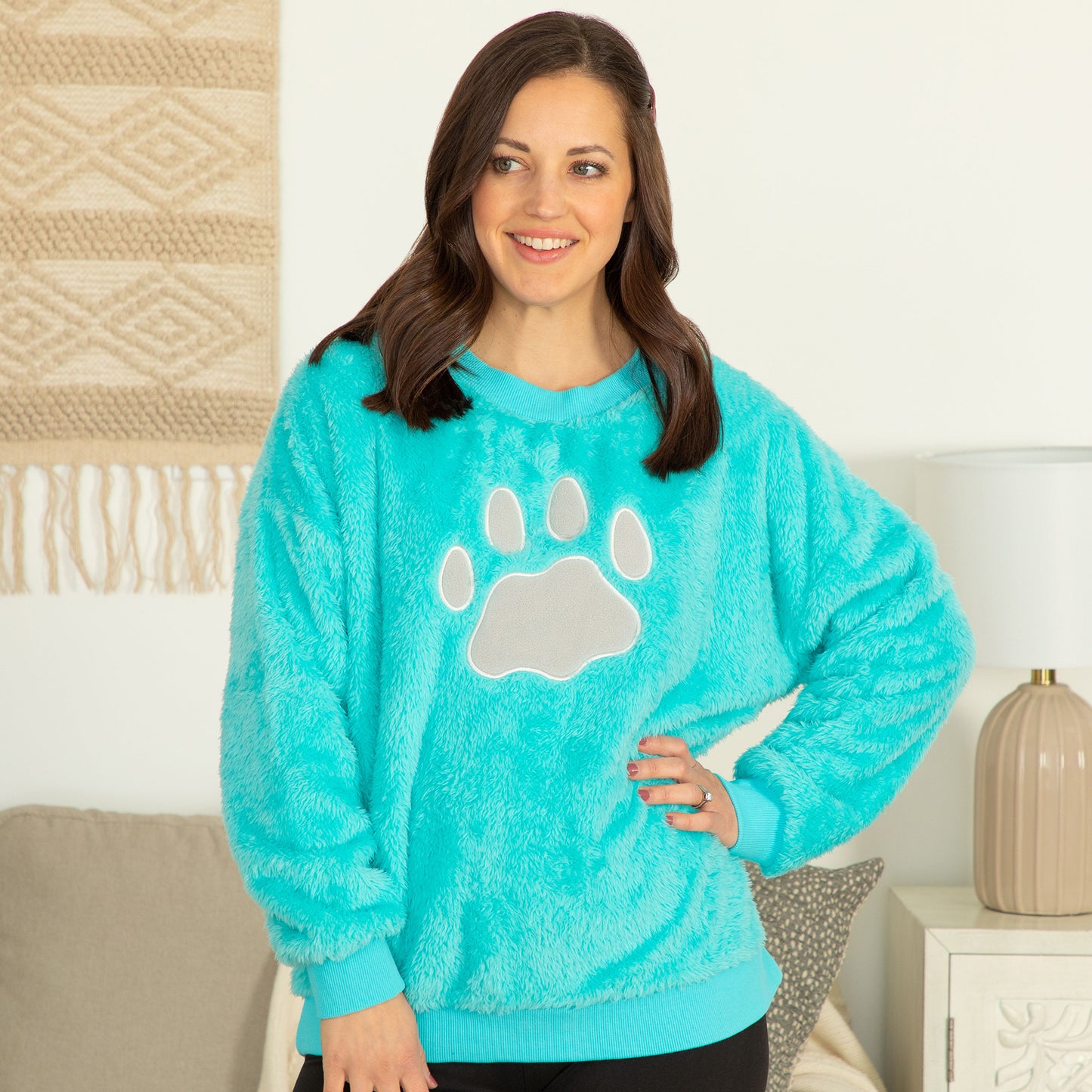 Plush Sherpa Fleece Paw Print Crewneck Pullover