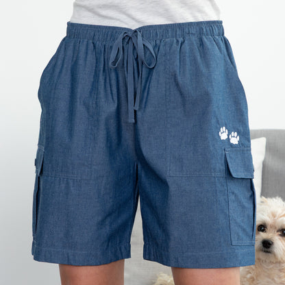 Chambary cargo shorts with paw prints on a white background