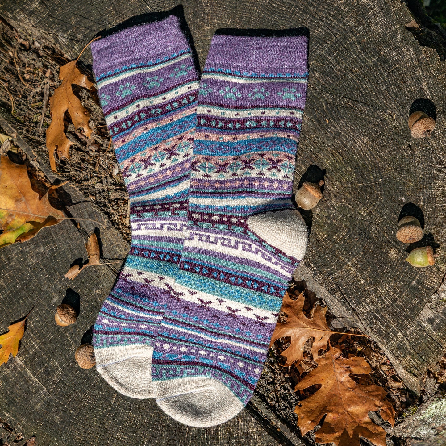 Colorful patterned sock on a wooden surface with leaves and acorns.
