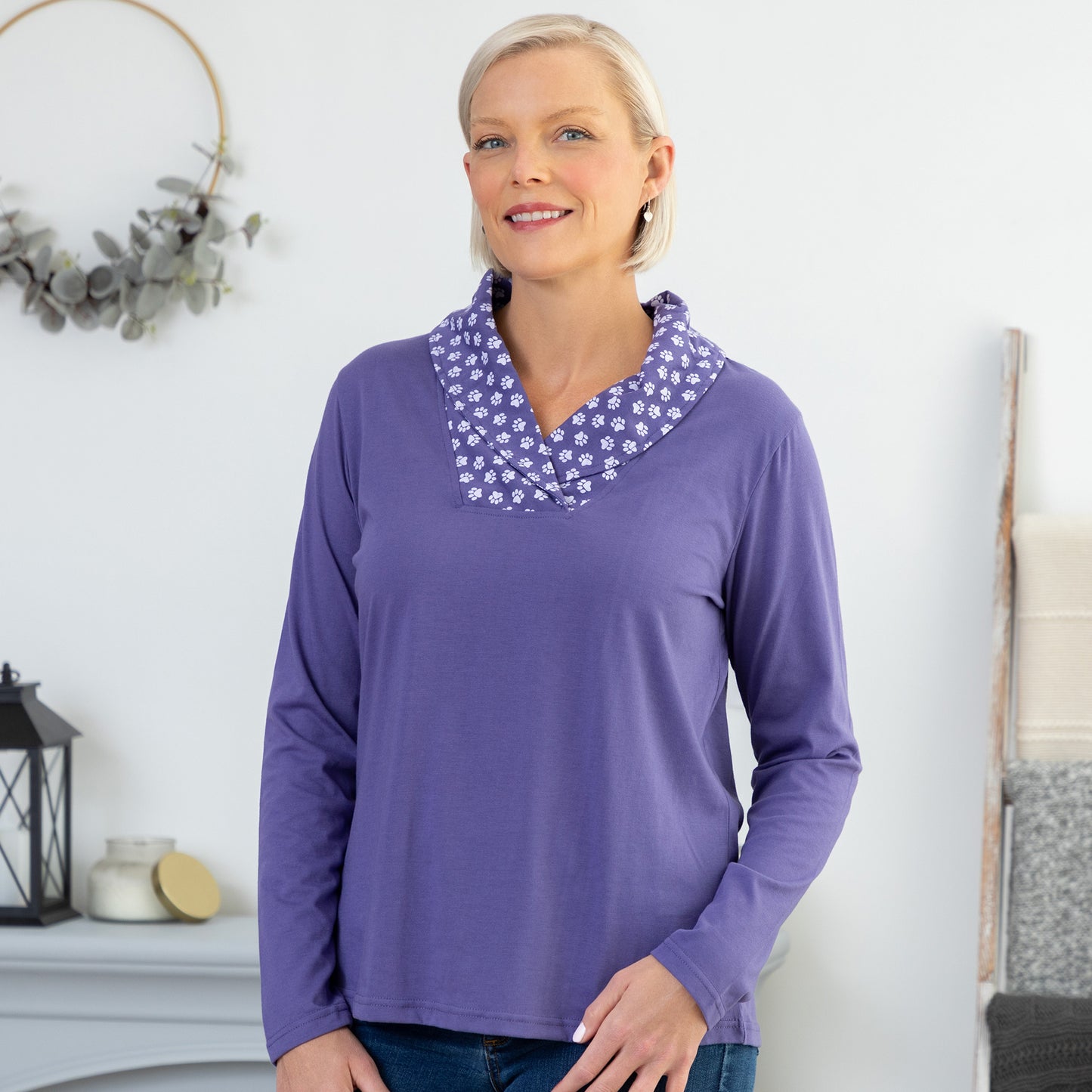 Paw Print Shawl Collar Top