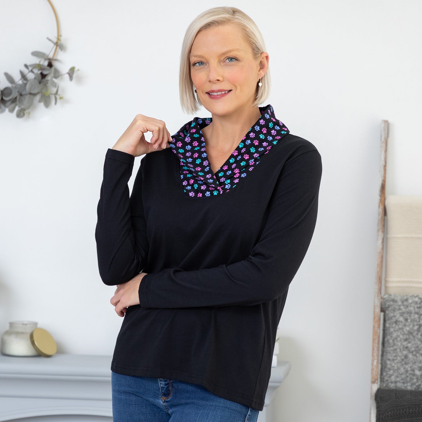 Paw Print Shawl Collar Top