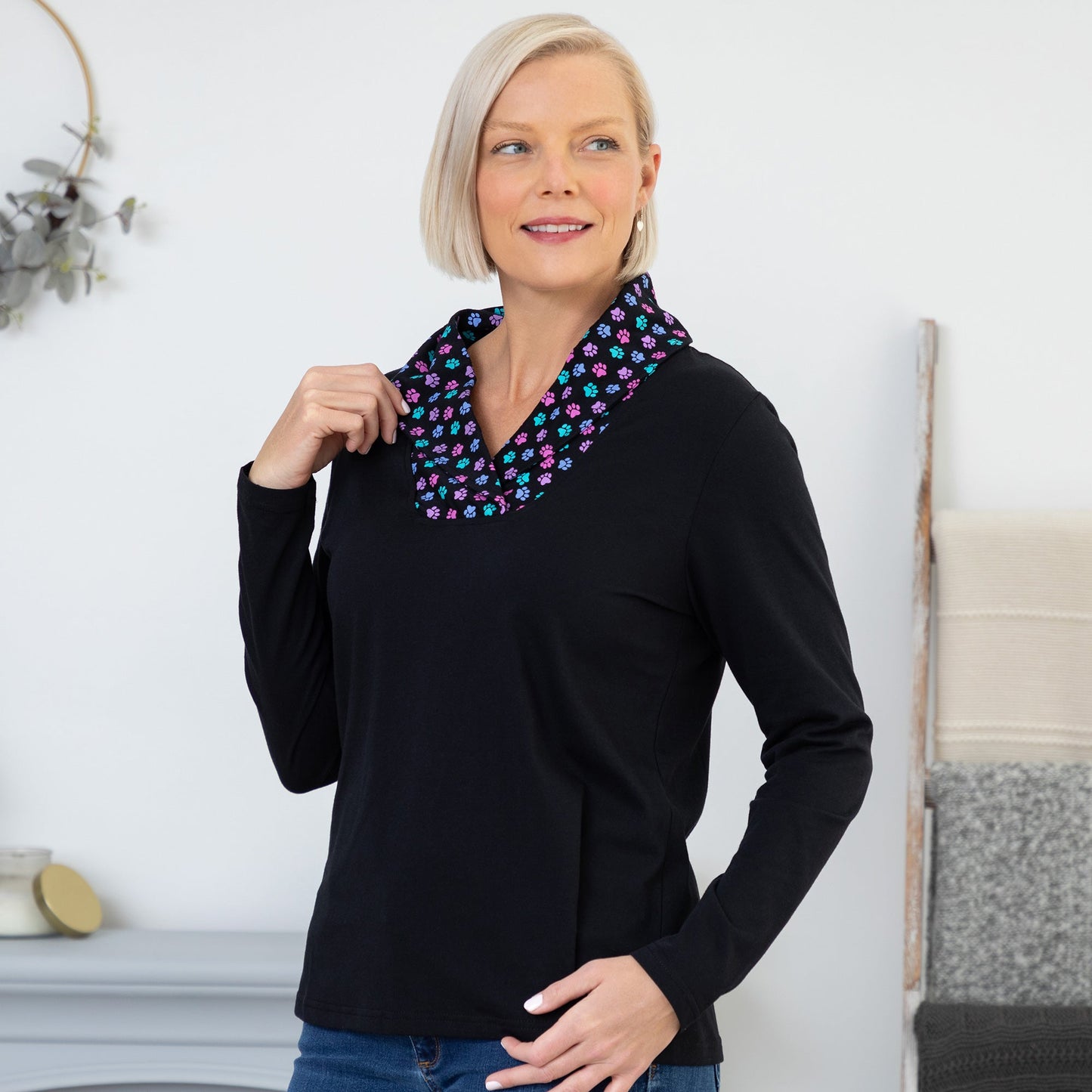 Paw Print Shawl Collar Top