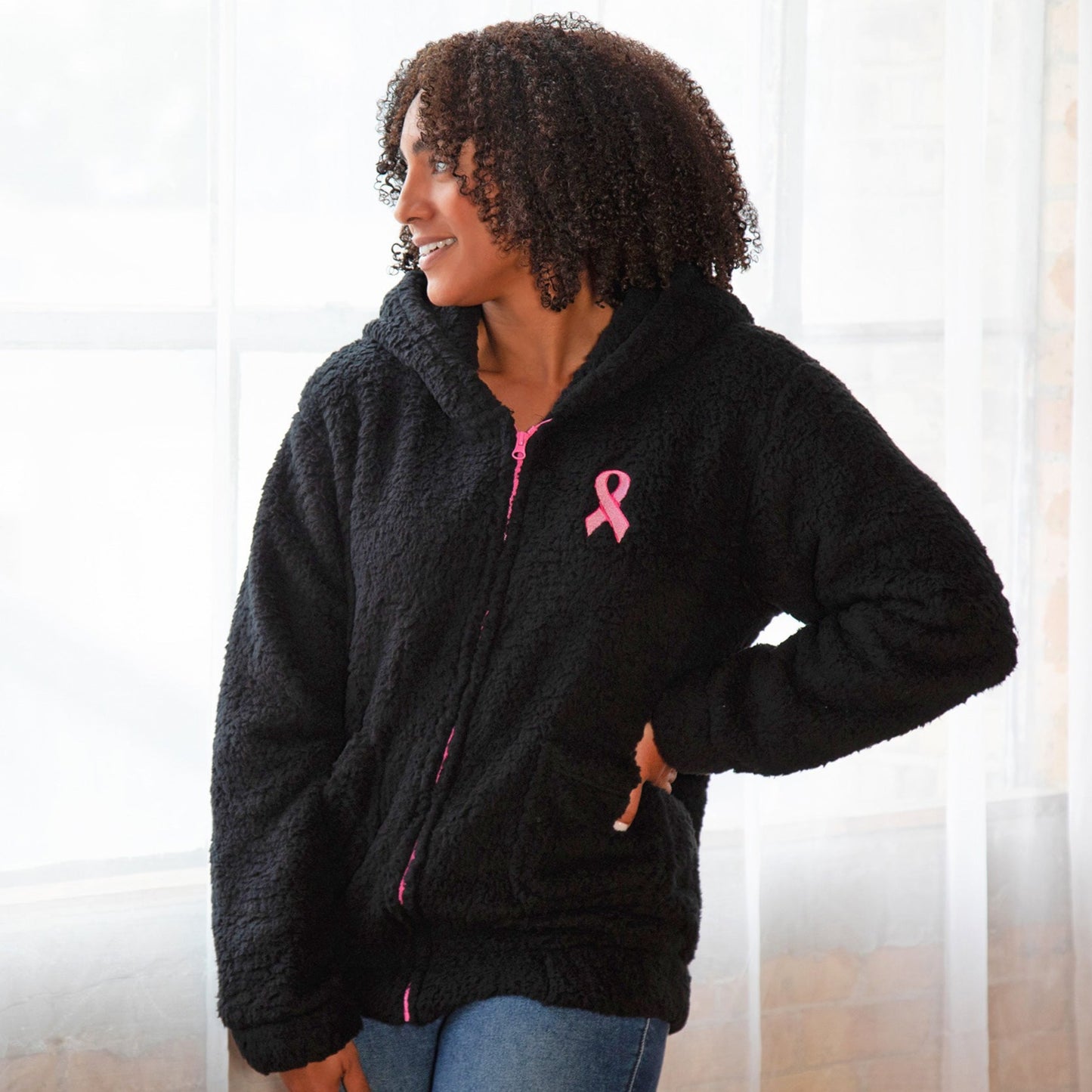 Pink Ribbon Plush Sherpa Fleece Zip Up Hooded Jacket