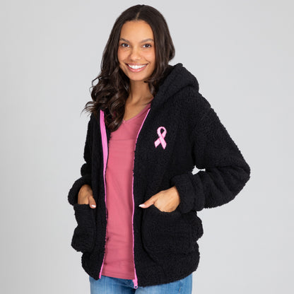 Pink Ribbon Plush Sherpa Fleece Zip Up Hooded Jacket