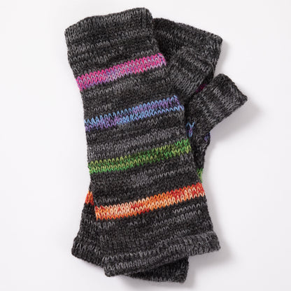a pair of alpaca fingerless mittens in charcoal gray with vibrant stripes made from alpaca wool on a white background