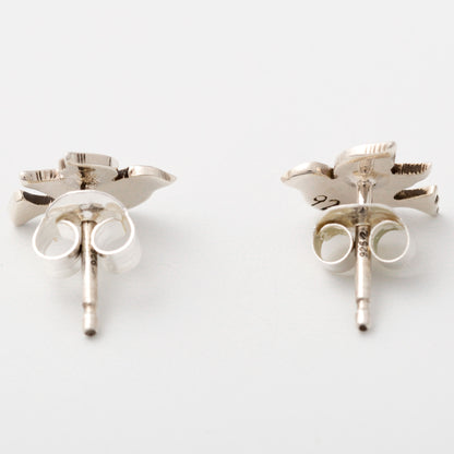 Pair of silver earrings on a white background, showing the posts and backings