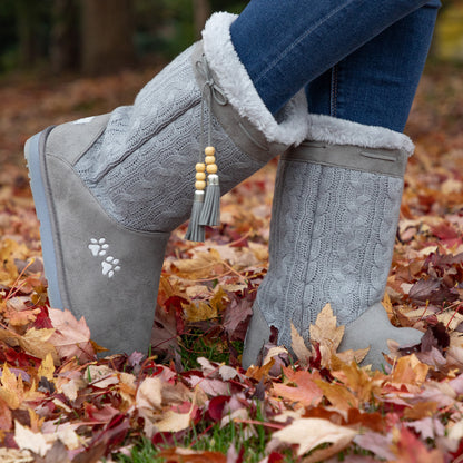 Paw Print Tall Knitted Boots With Beaded Tassels