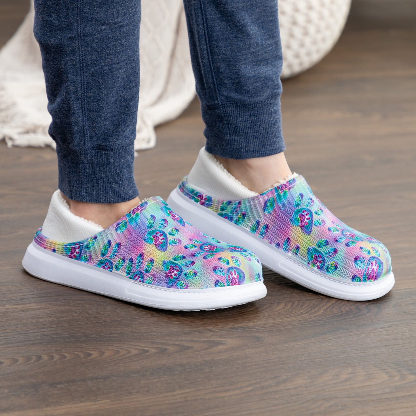 Paw Print Faux Fur Lined Slipper Shoes with Comfort Heel