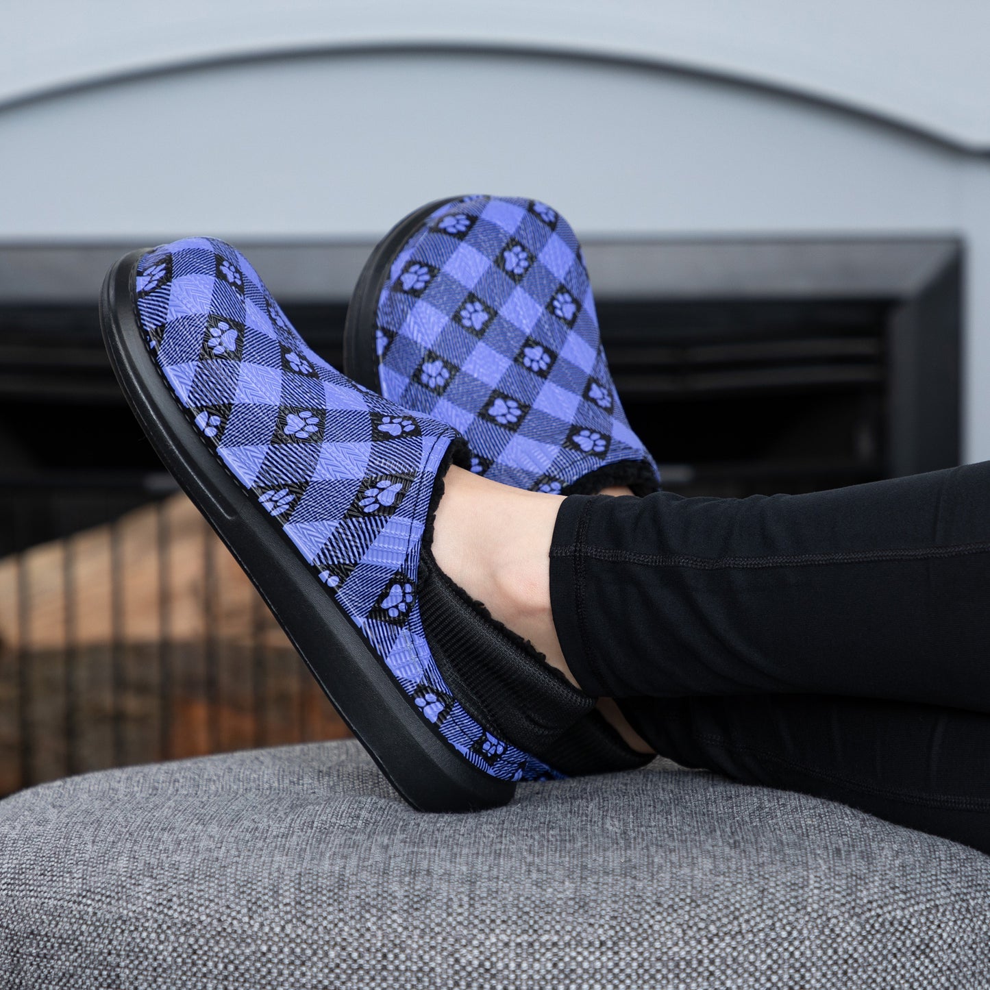 Paw Print Faux Fur Lined Slippers with Comfort Heel