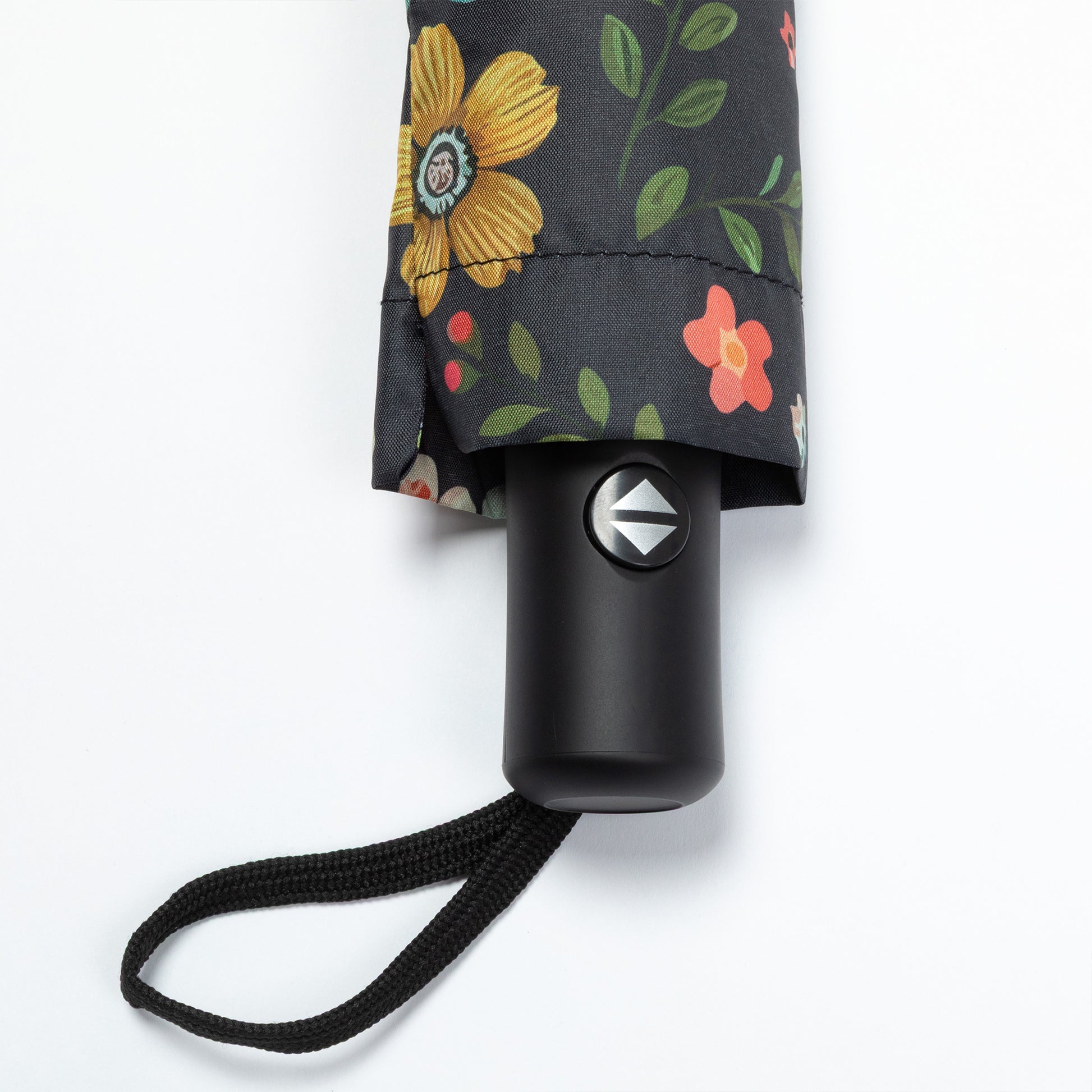 Floral-patterned umbrella with black handle on a white background