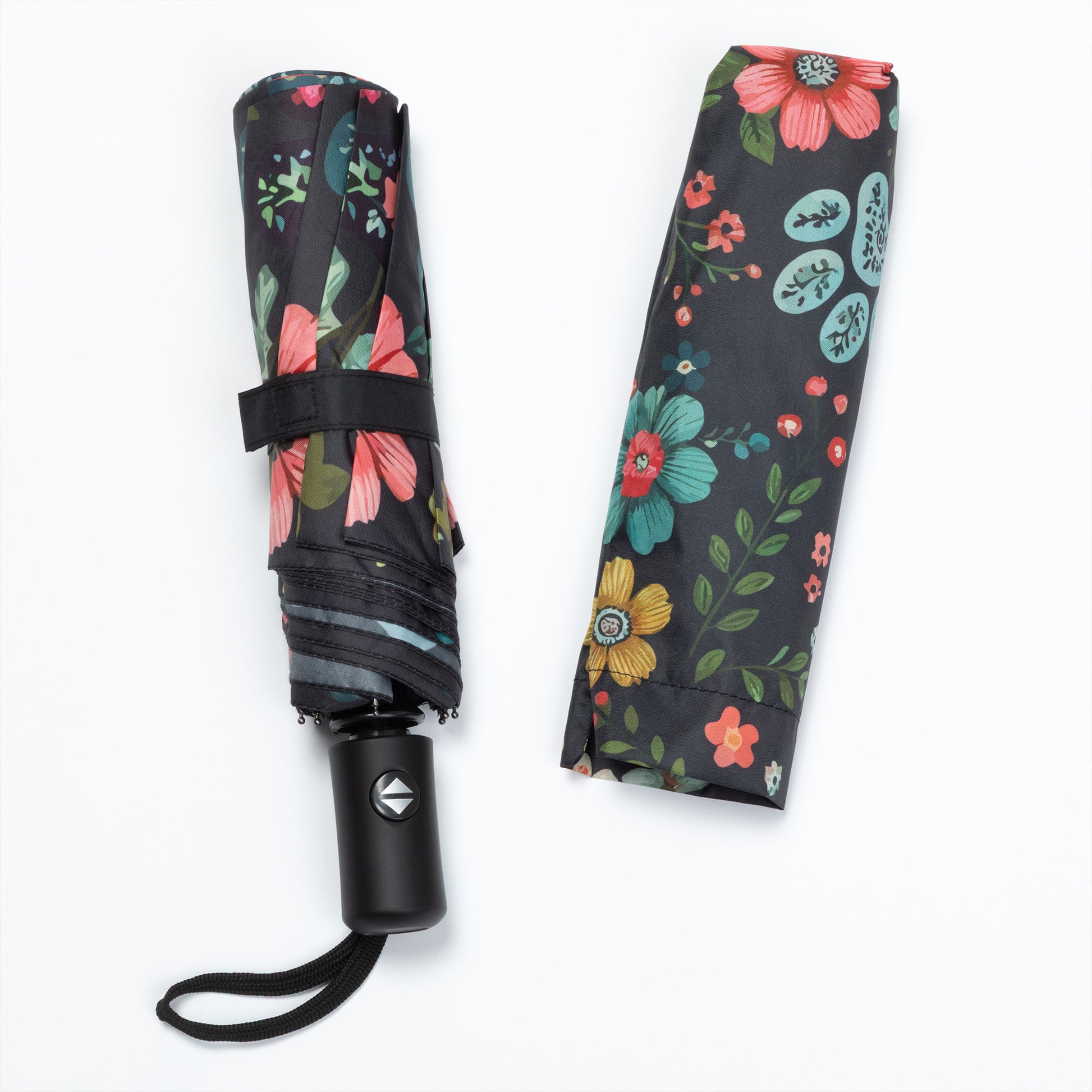 Foldable umbrella with floral pattern on a white background