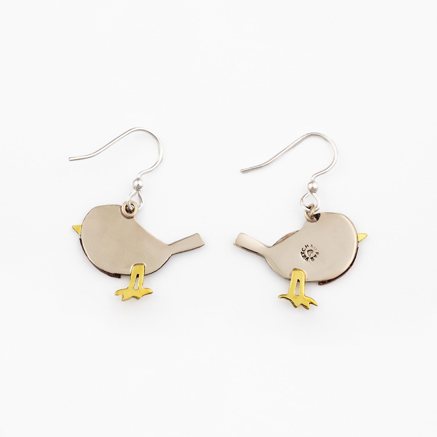 Bird-shaped silver earring backs with brass accents on a white background.