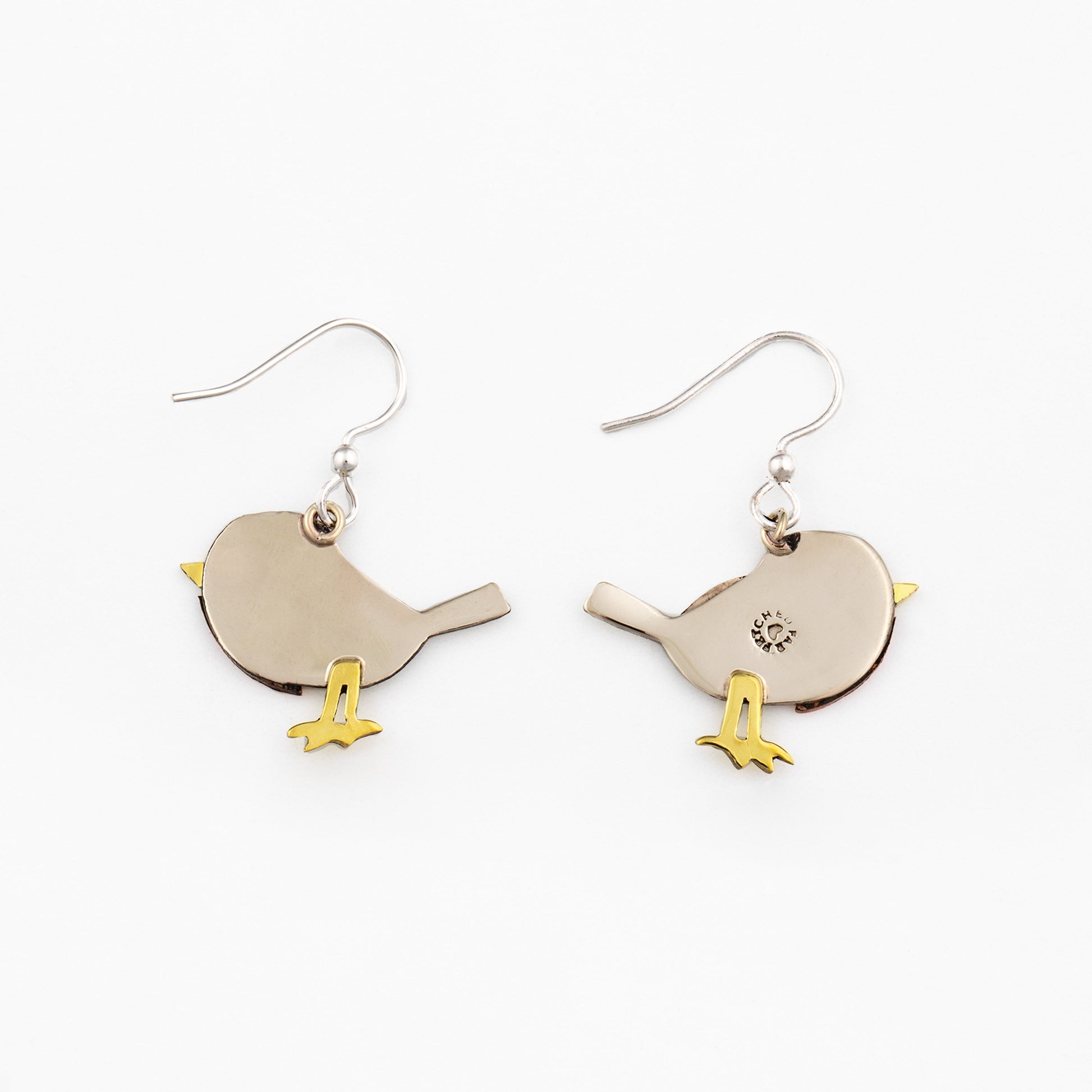 Bird-shaped silver earring backs with brass accents on a white background.