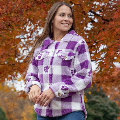 Purple Paws & Plaid Plush Sherpa Fleece Sweater Jacket