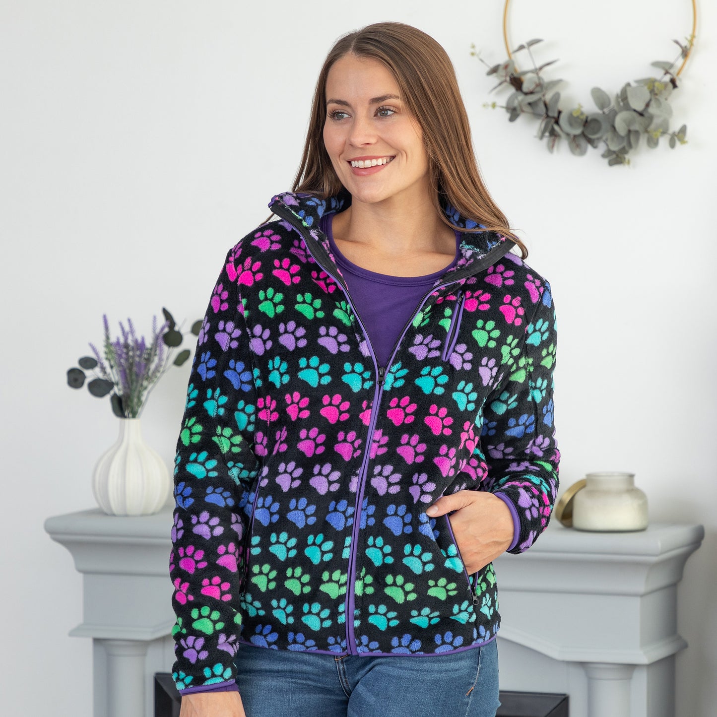 Printed Paws Fleece Trimmed Zippered Jacket