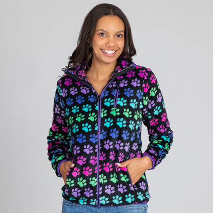 Printed Paws Fleece Trimmed Zippered Jacket