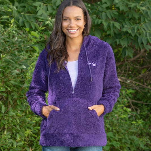 Purple Paws Plush Sherpa Fleece Quarter Zip Hoodie