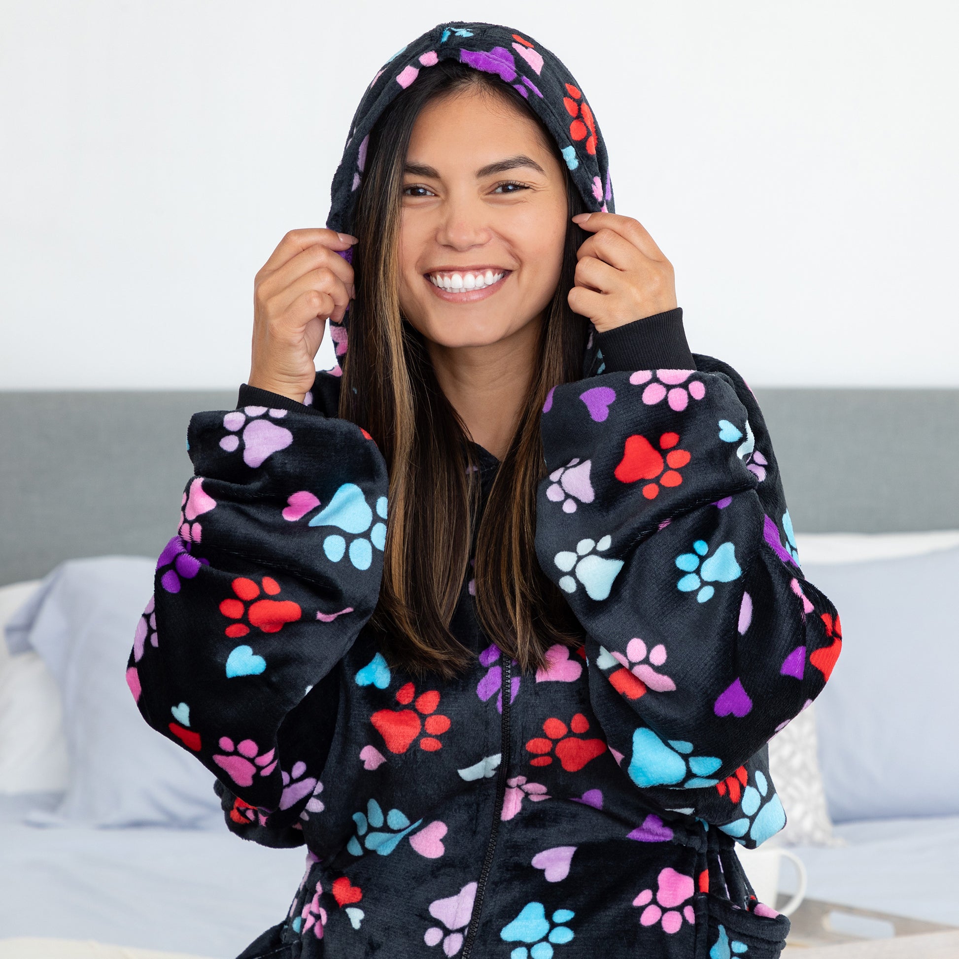 Super Cozy™ Paw Print Full Zip Blanket Hoodie with Waist Toggle