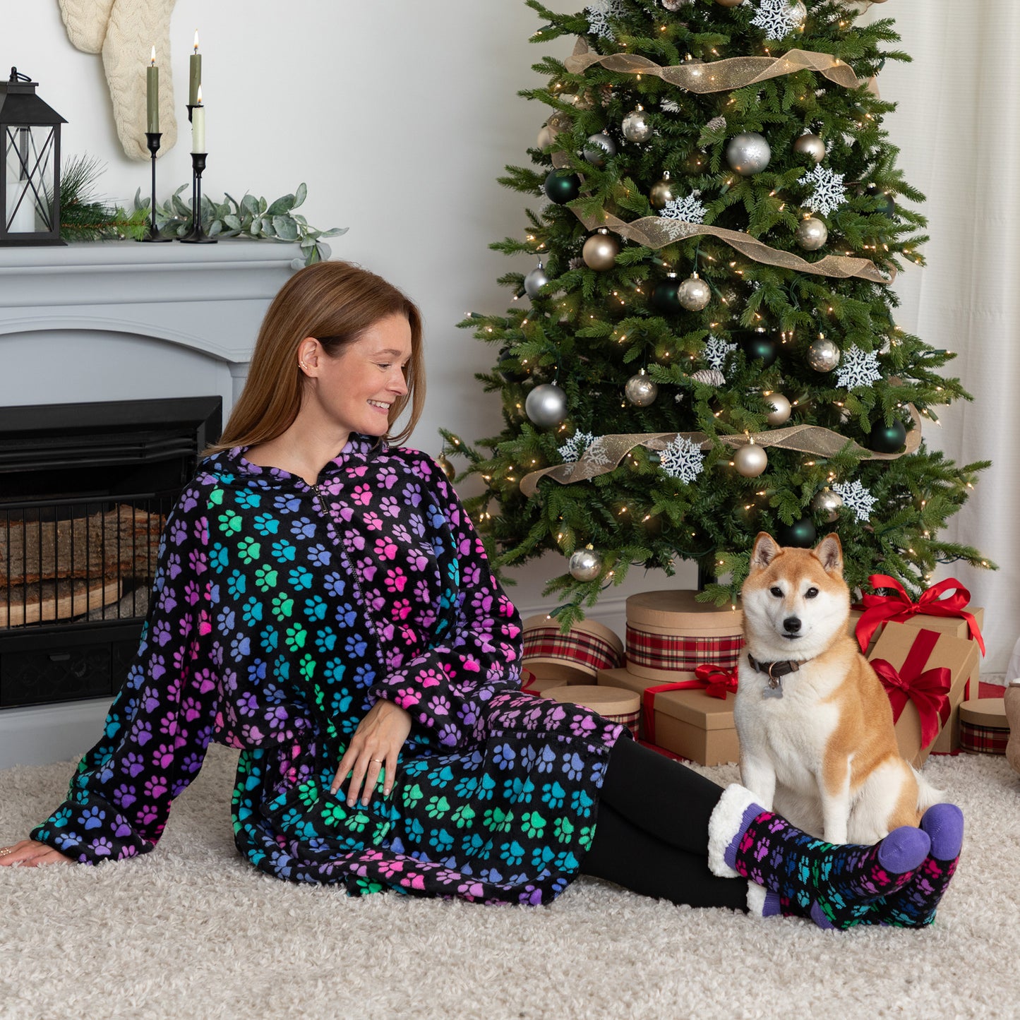 Super Cozy&trade; Paw Print Full Zip Blanket Hoodie with Waist Toggle