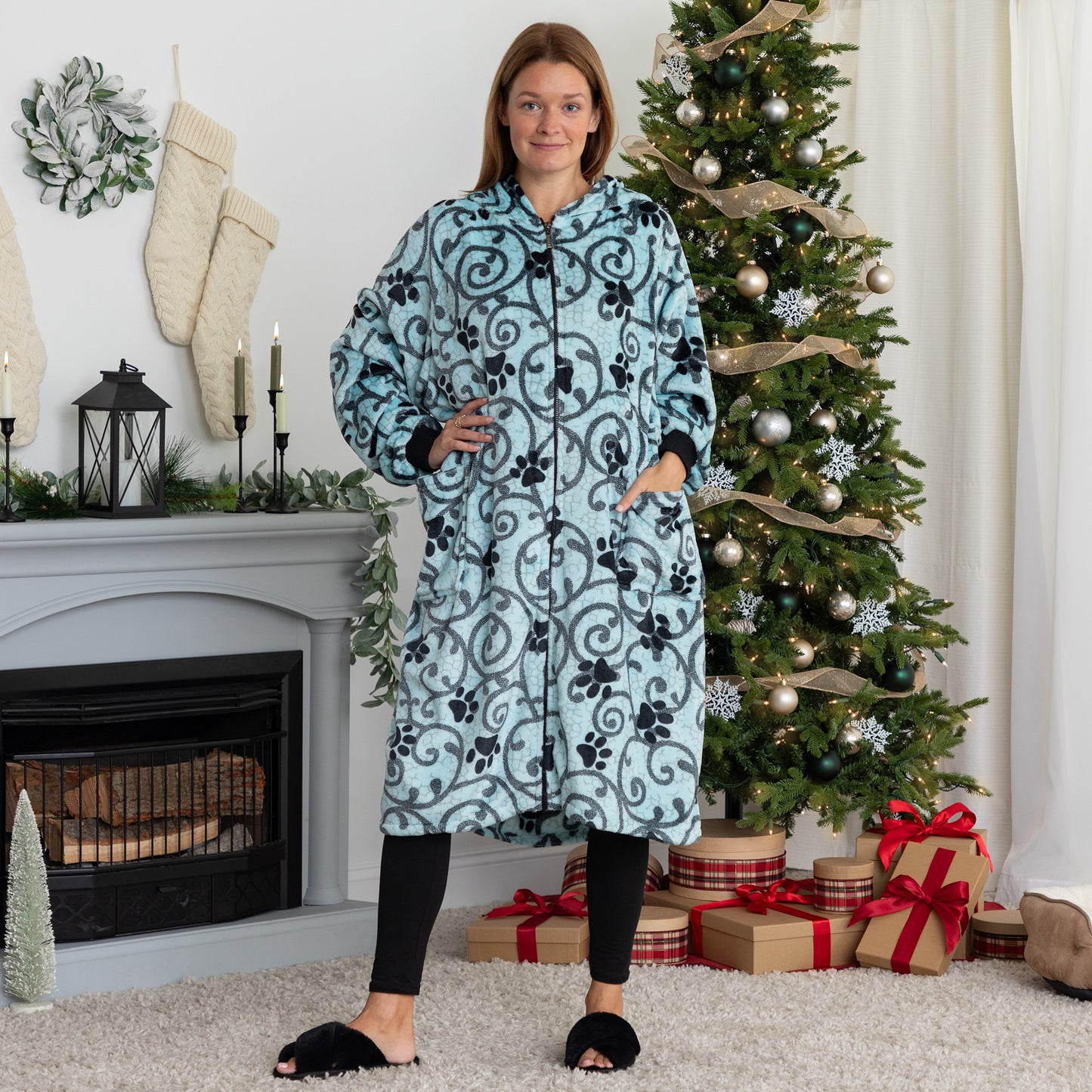 Super Cozy&trade; Paw Print Full Zip Blanket Hoodie with Waist Toggle