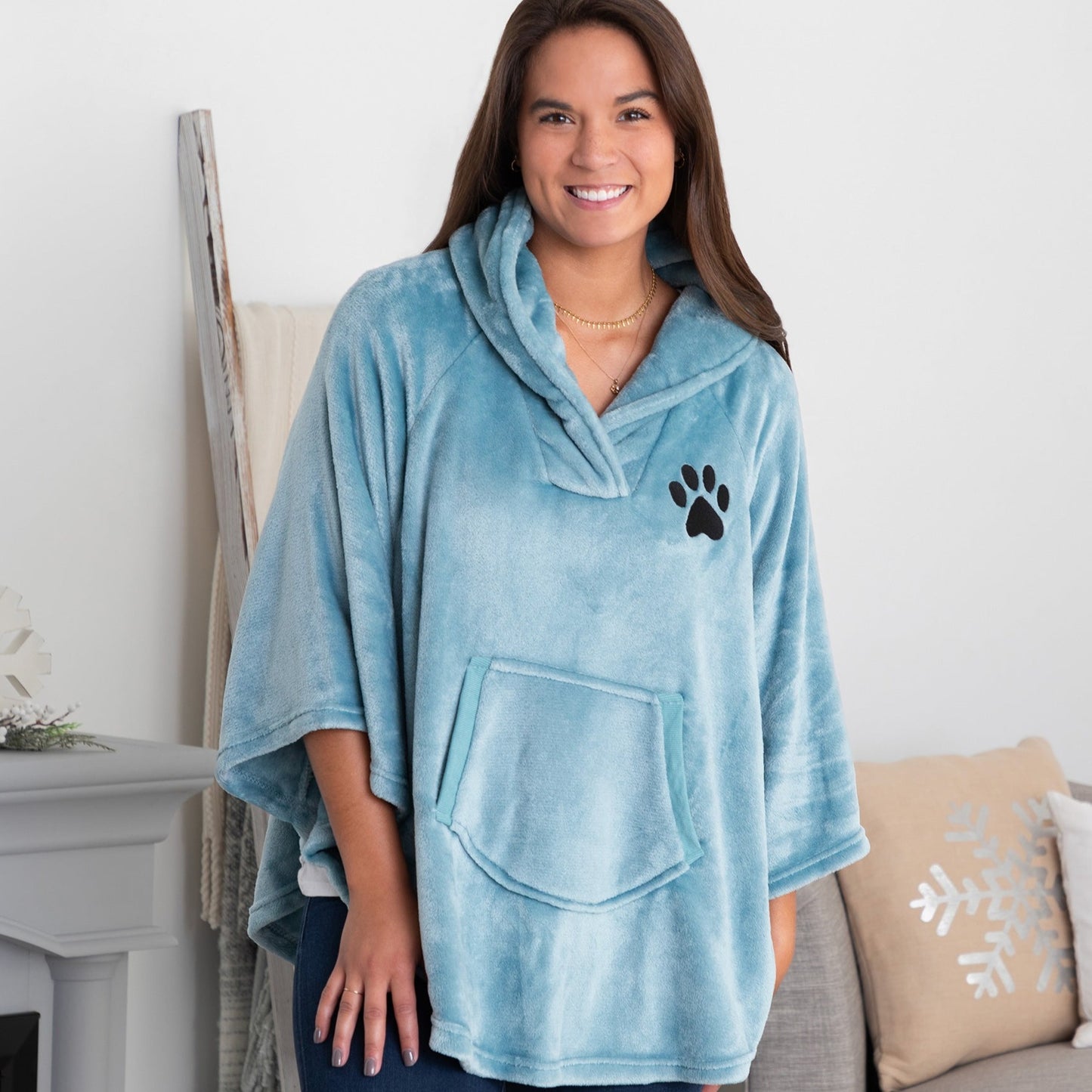 Embroidered Paw Print Fleece Poncho