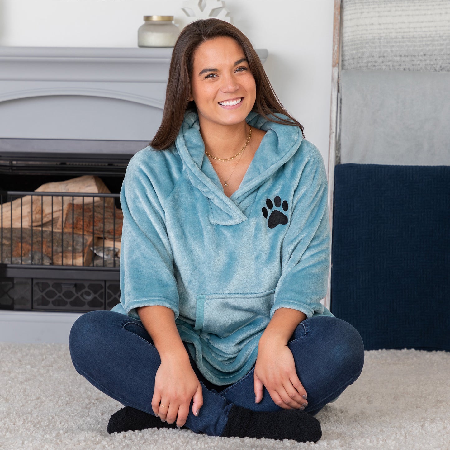 Embroidered Paw Print Fleece Poncho