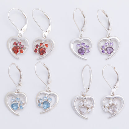 Always in My Heart Sterling Birthstone Paw Print Earrings