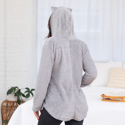 Soft Fluffy Cat Ears Button Up Hoodie