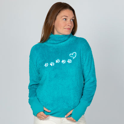 Paw Print Mock Neck Plush Sherpa Fleece Pullover with Thumb Holes