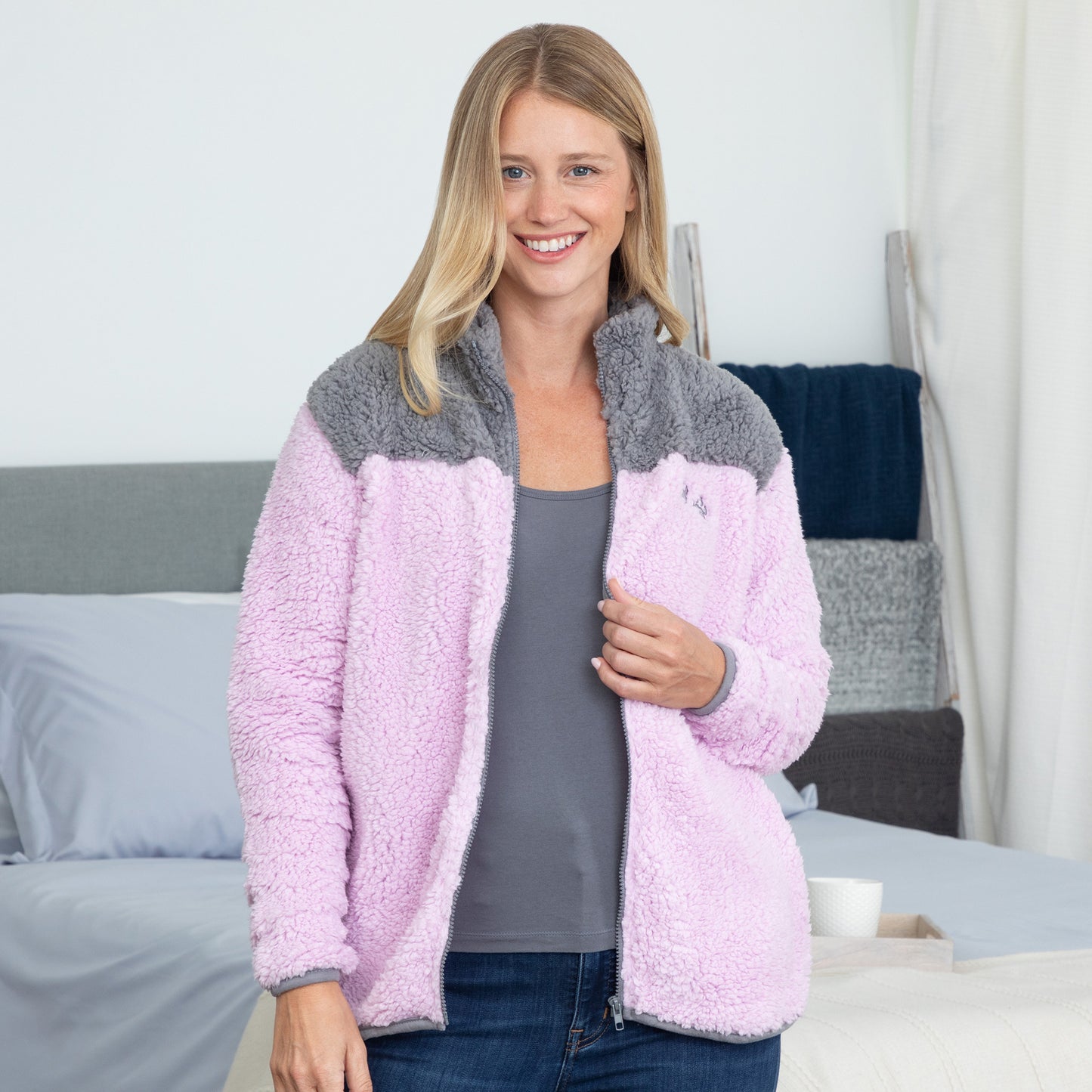 Paw Print Two-Toned Plush Sherpa Fleece Zip Up Jacket