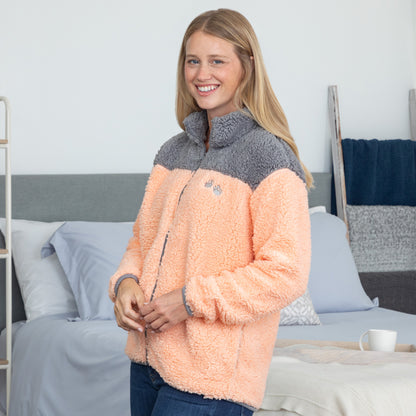 Paw Print Two-Toned Plush Sherpa Fleece Zip Up Jacket