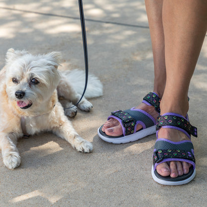 A person wearing dark gray and purple sandals stands next to a small white dog on a concrete surface.