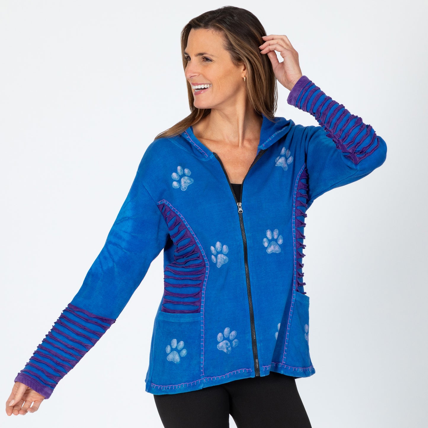 Blue & Purple Stonewashed Paw Print Hooded Jacket | Fair Trade