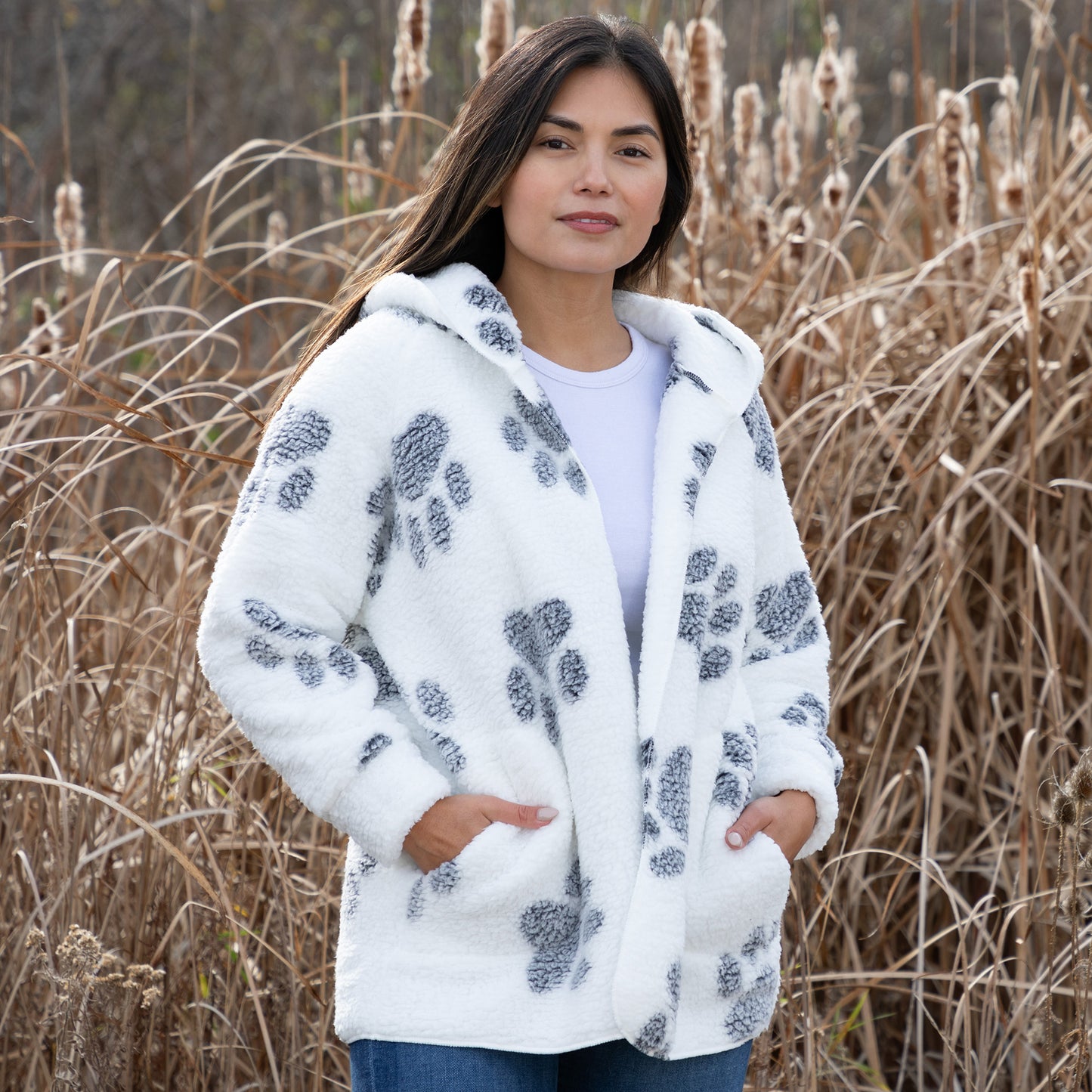 Cozy in Paws  Plush  Sherpa Fleece Open Jacket with Pockets