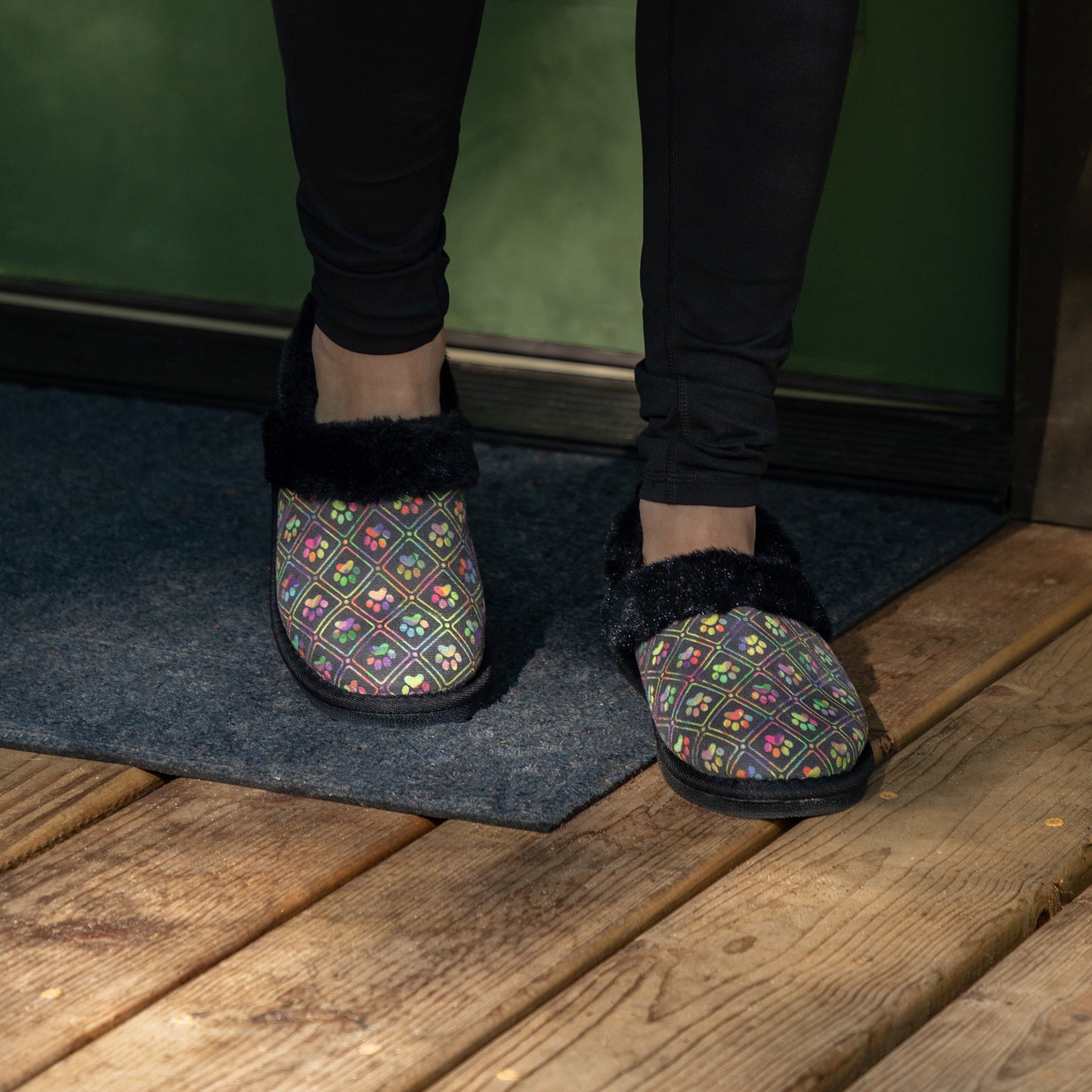 Paw Print Faux Fur Lined Indoor/Outdoor Slipper Shoes