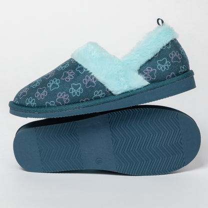 A pair of slip-on slippers shown on a clean white studio background, with one shoe standing upright to display the top and the other lying flat to show the sole. The upper is dark teal with an allover embroidered paw print pattern in light blue and lavender, and the interior is lined with fluffy pale aqua faux-fur trim.