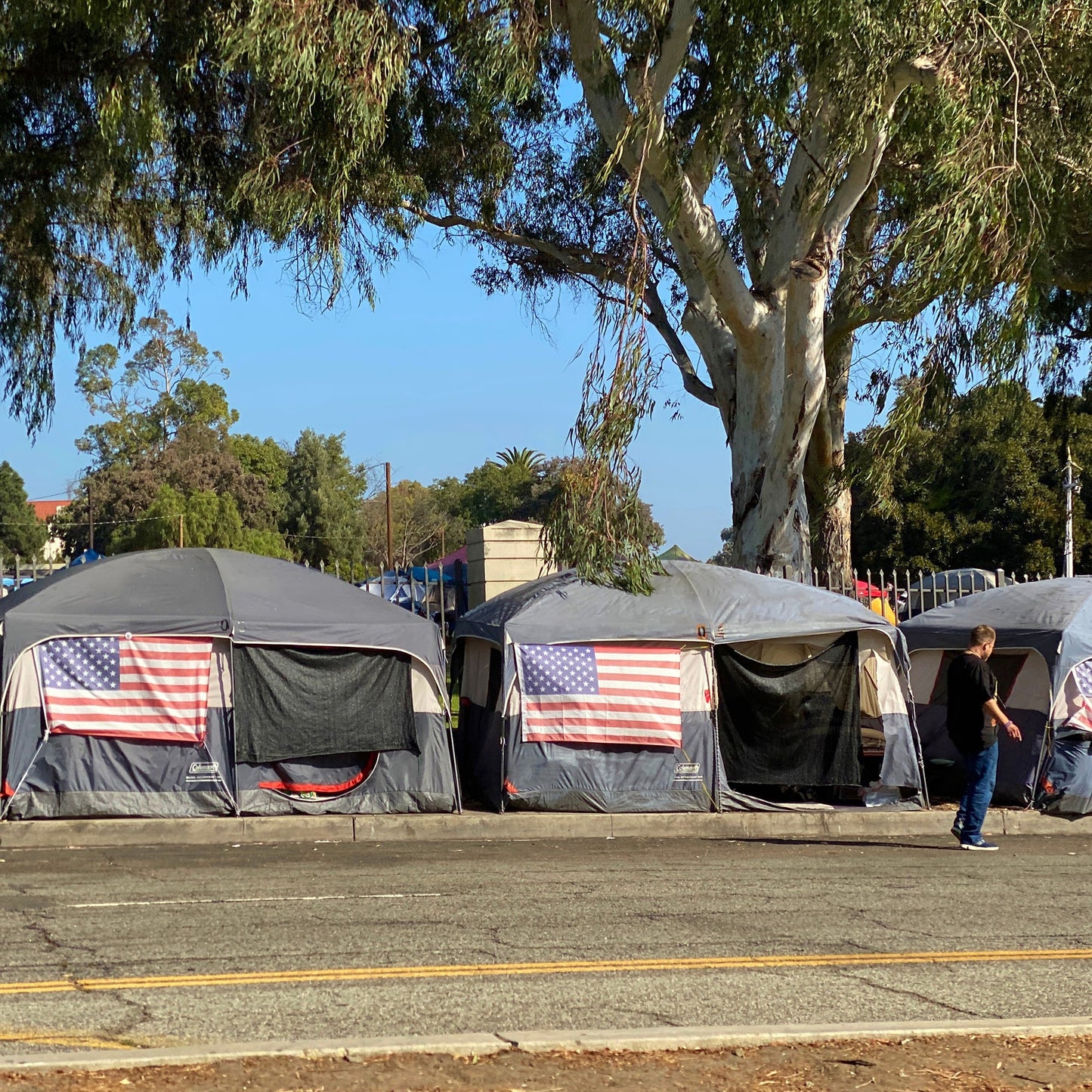 Row of tents with American flags on a street, trees in the background