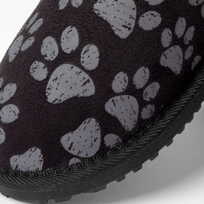 Close-up of a black shoe with gray paw print pattern on a white background