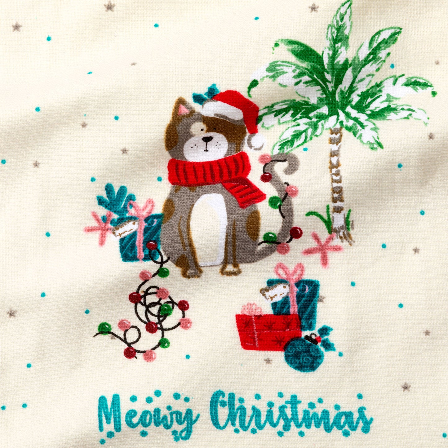 Printed design of a cat in a Santa hat with Christmas elements on a beige background.

