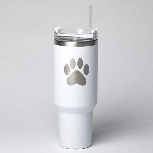 A white Paw Print Vacuum Sealed Stainless Steel Tumbler - 40 oz against a white background.