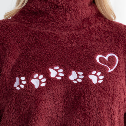 Paw Print Mock Neck Plush Sherpa Fleece Pullover with Thumb Holes