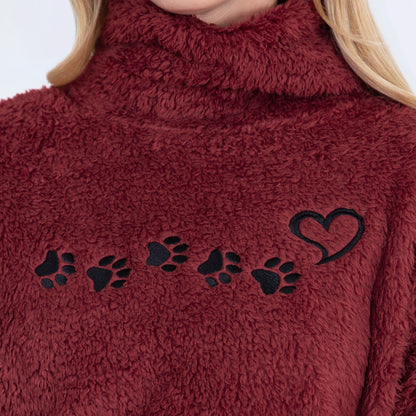 Paw Print Mock Neck Plush Sherpa Fleece Pullover with Thumb Holes