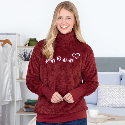 Paw Print Mock Neck Plush Sherpa Fleece Pullover with Thumb Holes