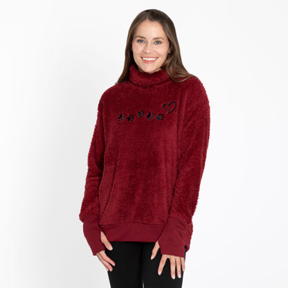 Paw Print Mock Neck Plush Sherpa Fleece Pullover with Thumb Holes