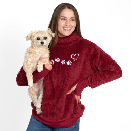 Paw Print Mock Neck Plush Sherpa Fleece Pullover with Thumb Holes