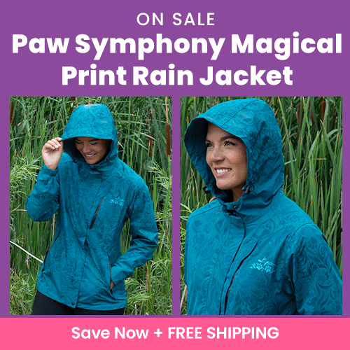On Sale Paw Symphony Magical Print Rain Jacket from The Animal Rescue Site and GreaterGood—teal floral raincoat with hood. Proceeds help support shelter pets and more. Free shipping.